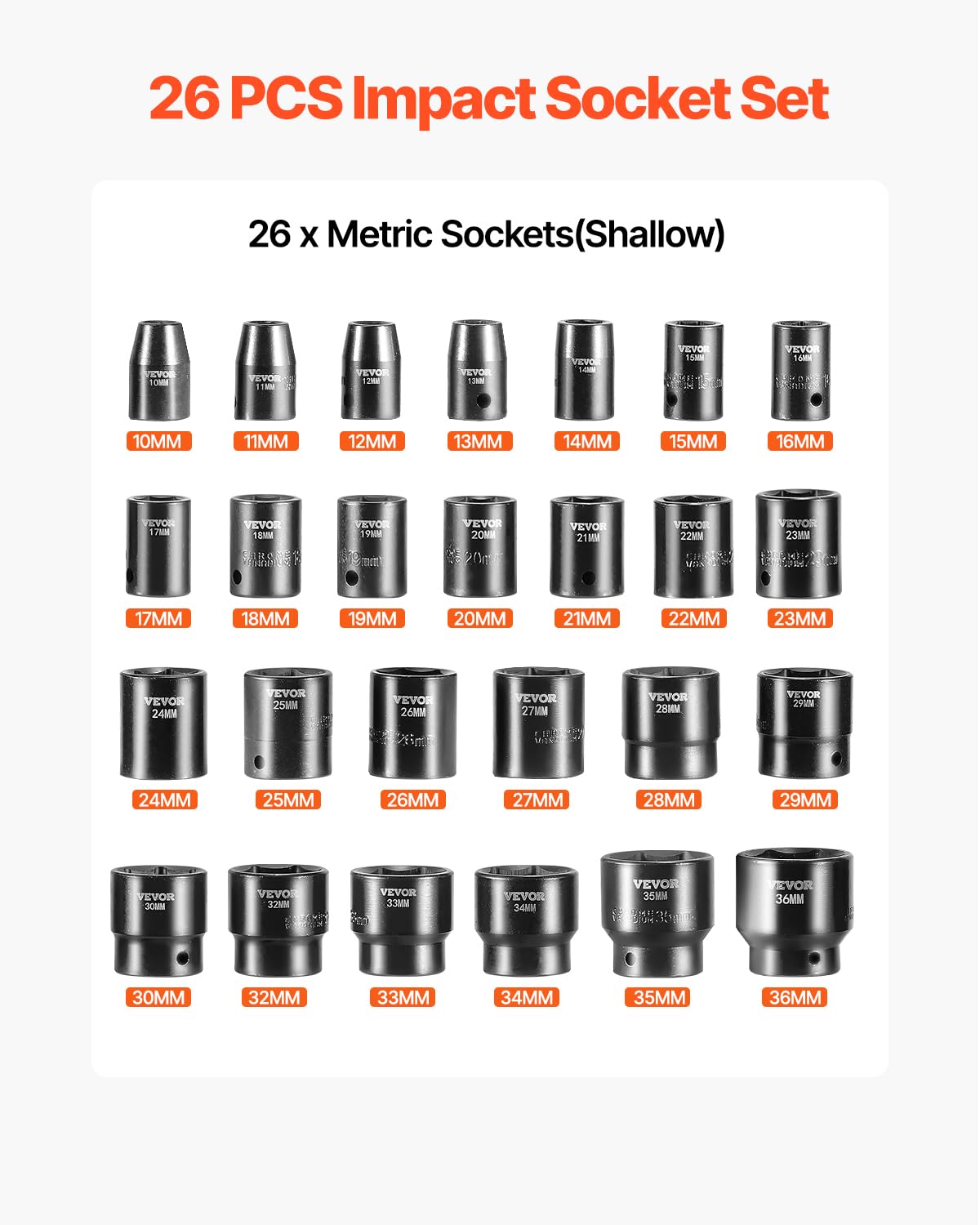 VEVOR 91-Piece 1/2" Drive Impact Socket Set, SAE (5/16" to 1-1/4") & Metric (8 to 32 mm), CR-V, Deep & Shallow, 6 Point, Ratchet Handle, Universal Joint, Adapters, Extension Bars (3, 5, 10 in)
