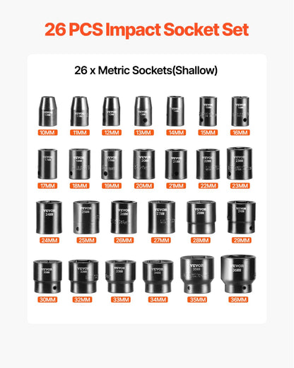 VEVOR 91-Piece 1/2" Drive Impact Socket Set, SAE (5/16" to 1-1/4") & Metric (8 to 32 mm), CR-V, Deep & Shallow, 6 Point, Ratchet Handle, Universal Joint, Adapters, Extension Bars (3, 5, 10 in)