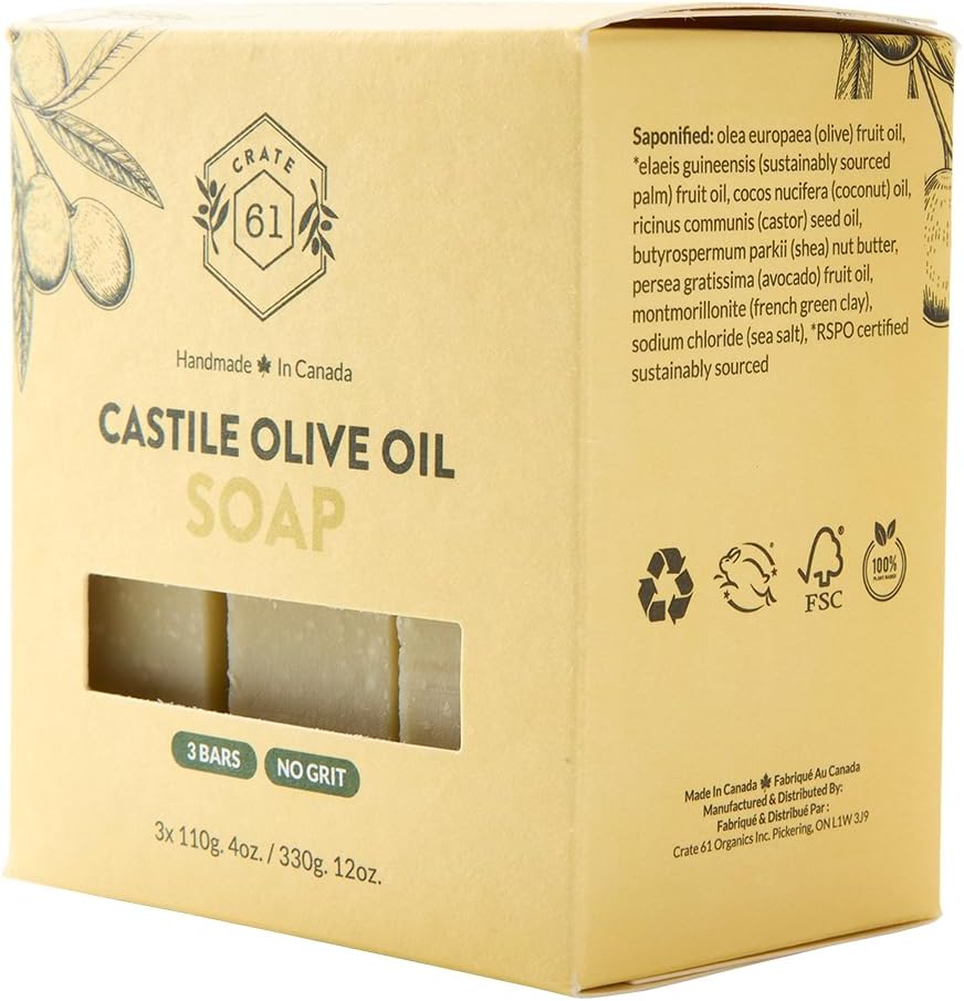 CRATE 61 ORGANICS Vegane Naturseife, handgemachte Seife mit hochwertigen ätherischen Ölen, kaltgepresst für Gesicht und Körper für Männer und Frauen, 3er-Pack (4 oz, Riegel) (Eucamint)