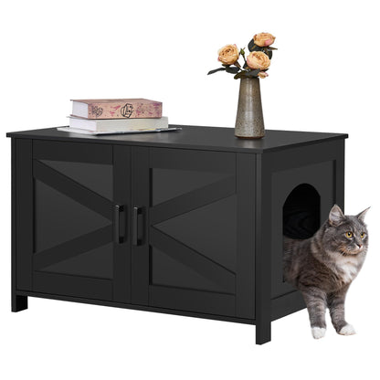 Homhedy Cat Litter Box Enclosure, Wooden Cat Washroom Furniture with Barn Door, Pet House, Fit Most of Litter Box, White