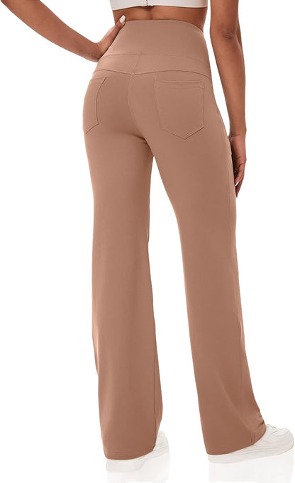 VOOVEEYA Yogahosen für Damen mit Taschen, gerade geschnittene Hose mit weitem Bein, hochtaillierte Business-Hose, petite/regulär//lang
