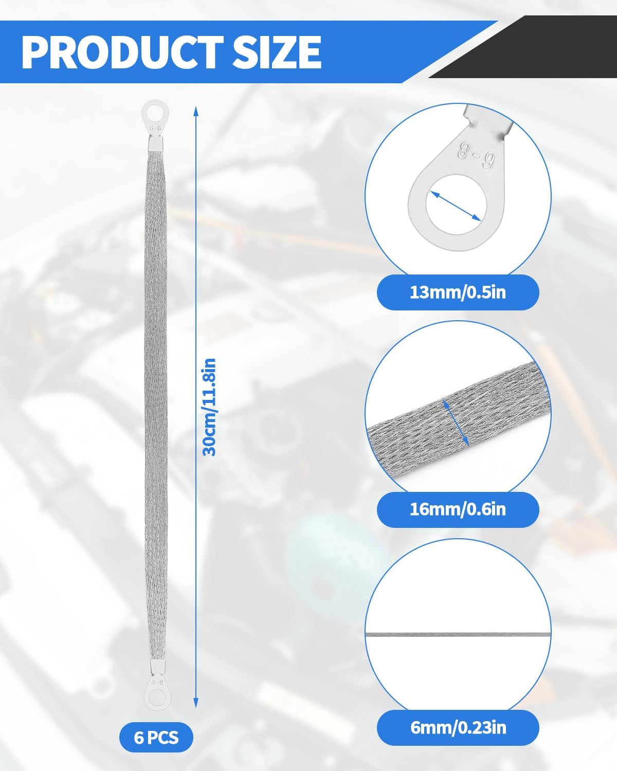 6 Stück universelles geflochtenes Kupfer-Masseband, 12 Zoll Motormasseband-Kit mit Klemmsteckern, verzinntes Kupfer-Masseband für die meisten Fahrzeugmotoren (verzinntes Kupfer)