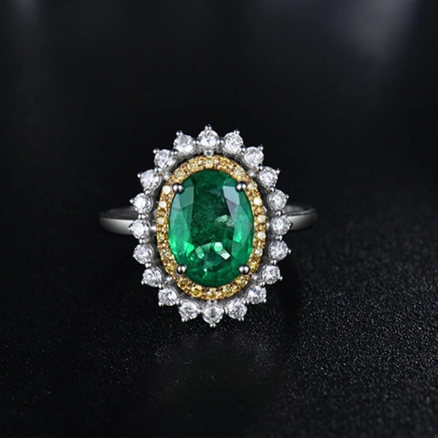 18K White Gold Ring 1.93ct Oval Shape Emerald with 0.81ct Diamond Anniversary Ring for Girls