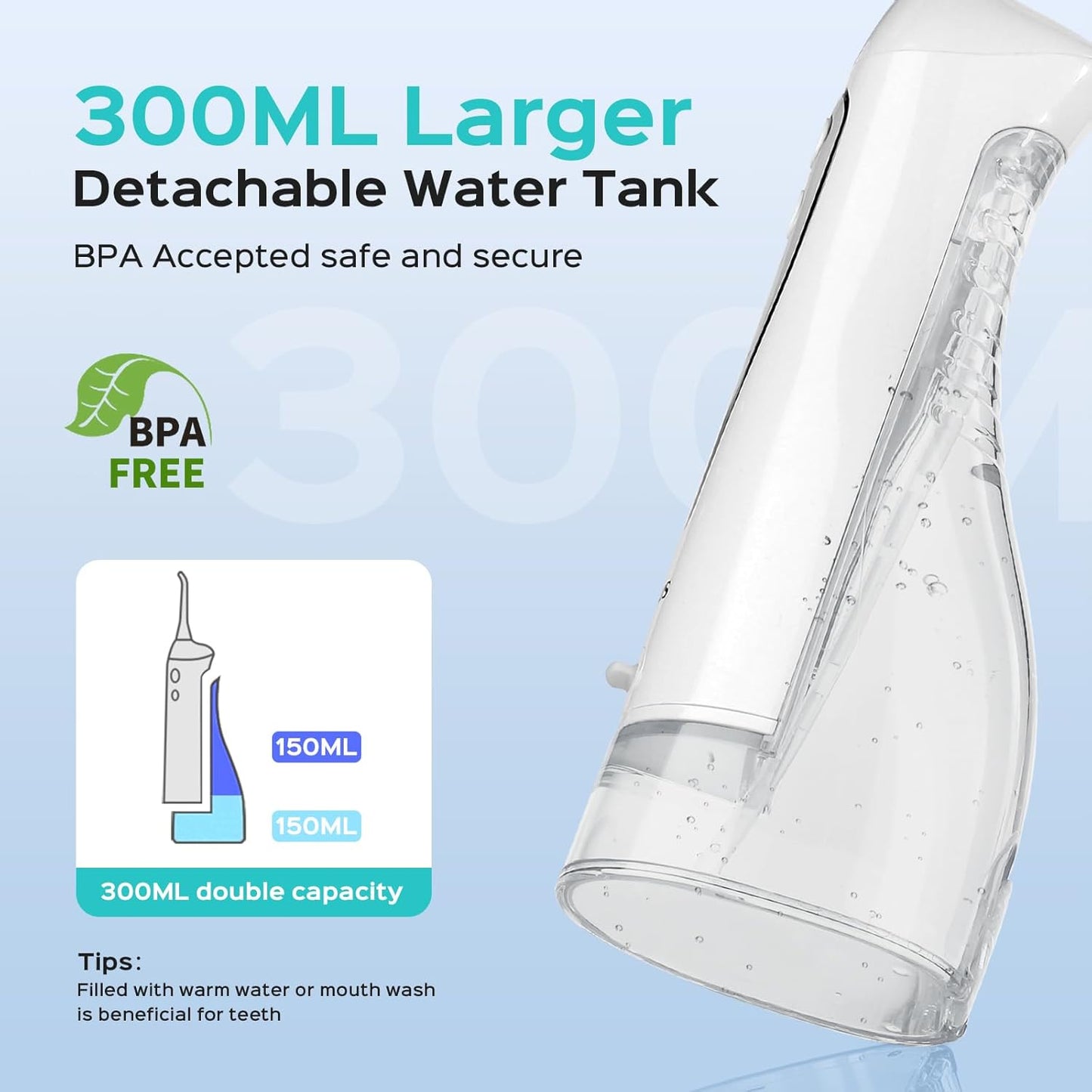 COSLUS Water Flosser C20 (F5020E): 300ML Kabelloser Elektrischer Munddusche Wiederaufladbar IPX7 Wasserdicht Tragbares Reise-Zahnseide-Set für die Zähne