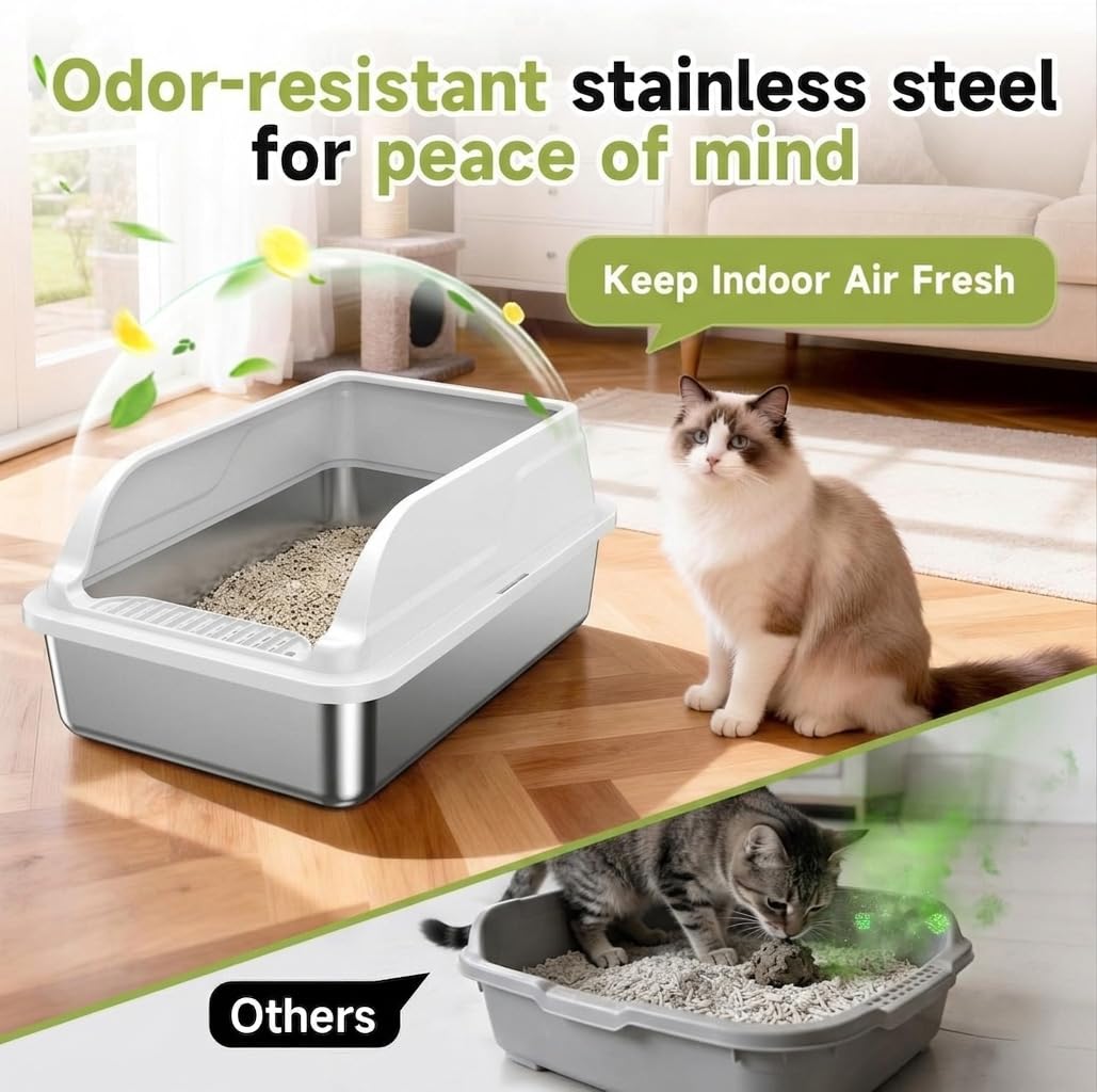 Stainless Steel Cat Litter Box, Odor Free Metal Litter Box with High Sides Lid, Open Top Low Entry Litter Pan Include Scoop Easy Cleaning Anti-Scratch Kitty Cat Box Anti-Urine Leakage, Non-Sticky