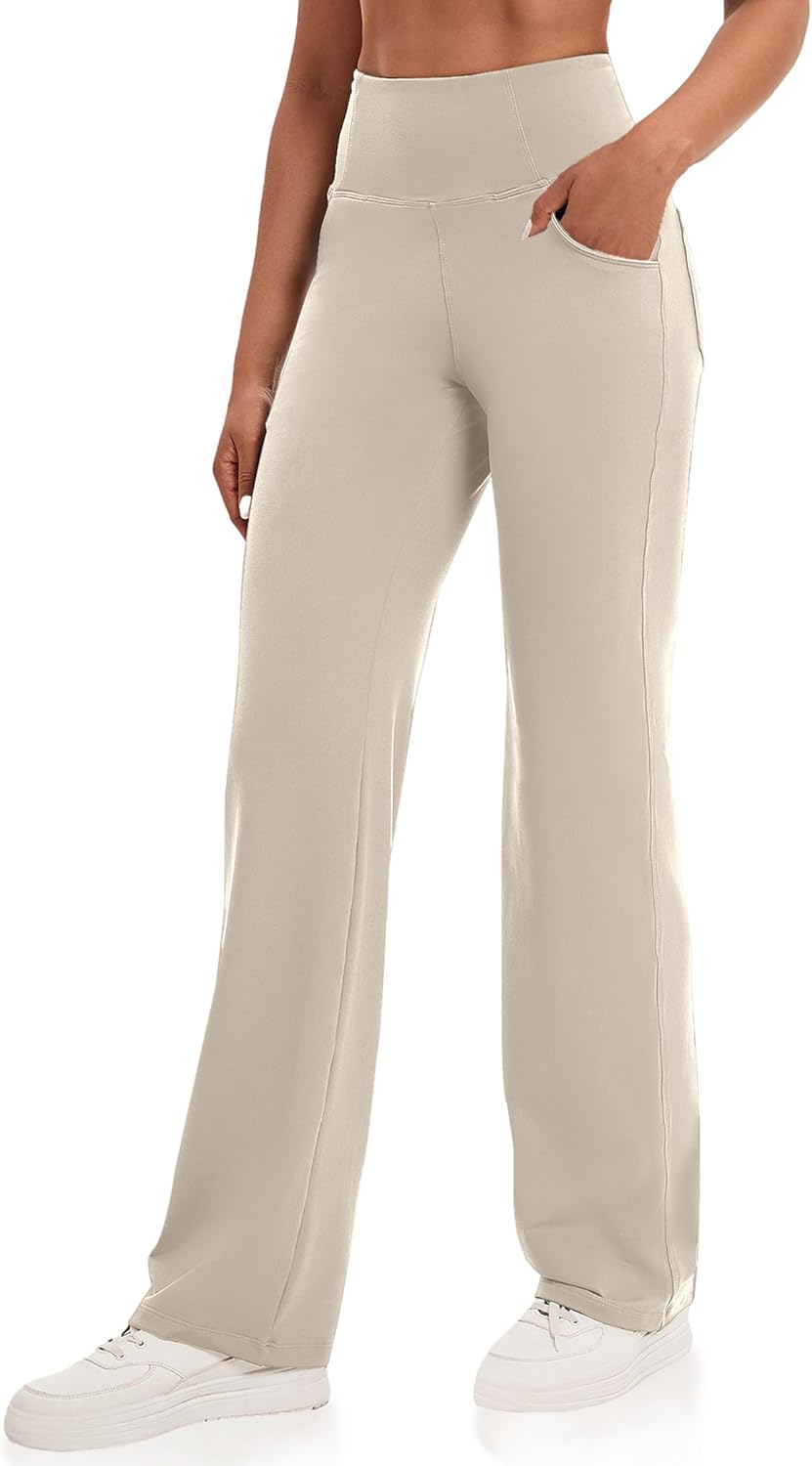 VOOVEEYA Yogahosen für Damen mit Taschen, gerade geschnittene Hose mit weitem Bein, hochtaillierte Business-Hose, petite/regulär//lang