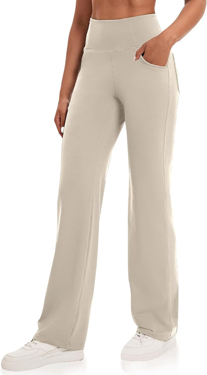 VOOVEEYA Yogahosen für Damen mit Taschen, gerade geschnittene Hose mit weitem Bein, hochtaillierte Business-Hose, petite/regulär//lang