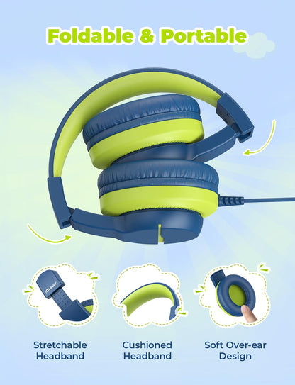 iClever Kinderkopfhörer für Schule und Reisen, sichere Lautstärkebegrenzung, HD-Mikrofon, Stereo-Sound Over-Ear-Kopfhörer für Mädchen und Jungen, FunShare Faltbar, 3,5 mm kabelgebunden für iPad Computer, HS19