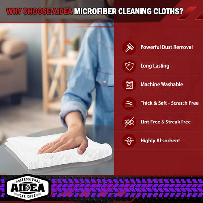 AIDEA Microfiber Cleaning Cloths-50PK, Microfiber Towels for Cars, Premium All-Purpose Car Cloth, Dusting Cleaning Rags, Absorbent Towels for SUVs, House, Kitchen, Window, Gift-12×12"