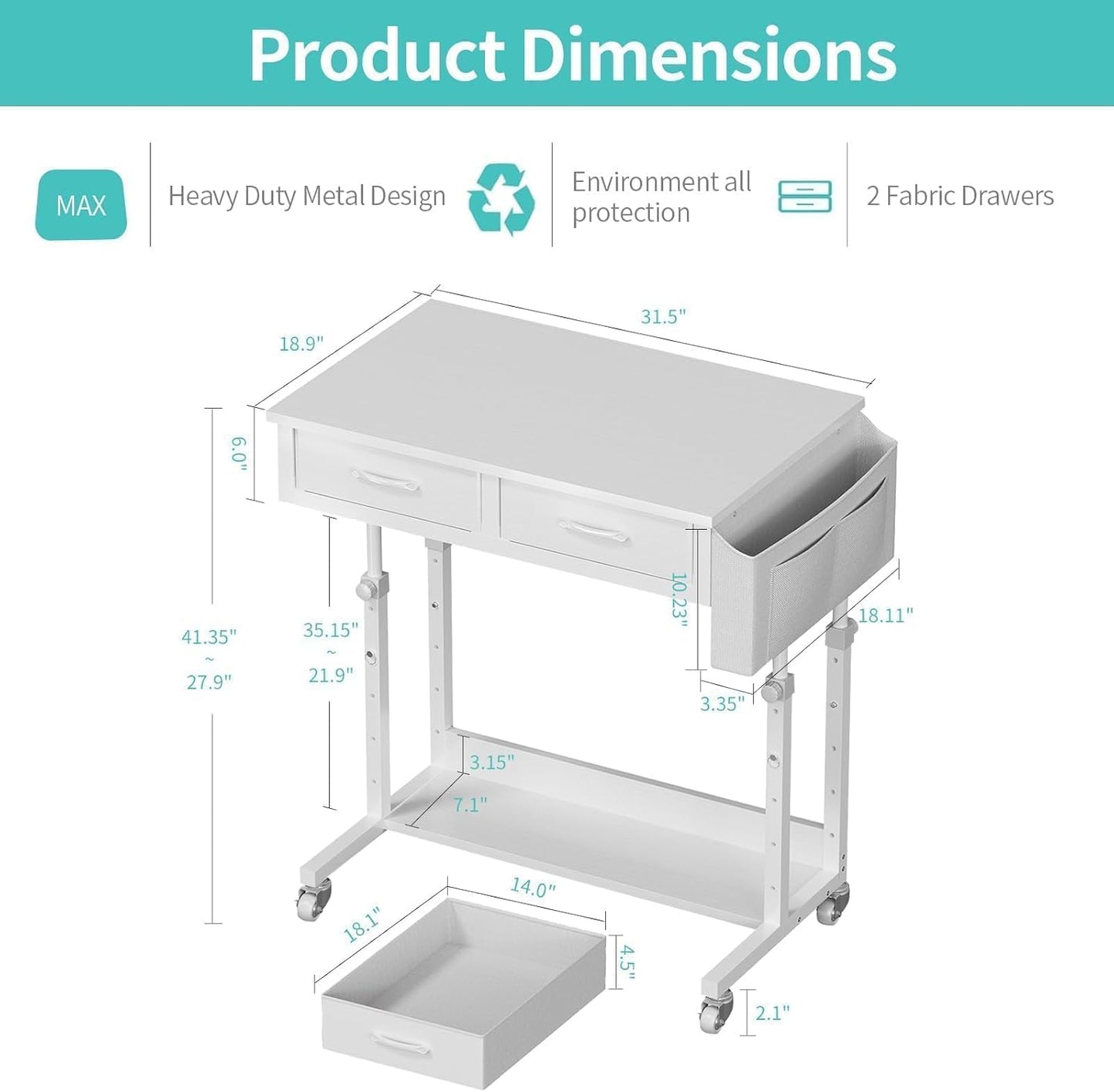 WINAZ Small Rolling Desk with Drawers & Storage