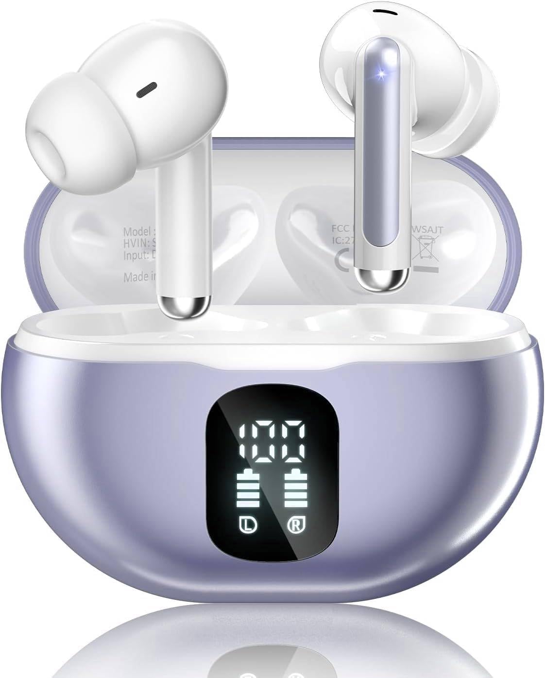 Wireless Earbuds, Bluetooth 5.4 Headphones with 50H Playback, Deep Bass Stereo Ear Buds Clear Calls with LED Power Display, Wireless Headphones with Noise Cancelling Mic for Phone/Laptop, Carbon black
