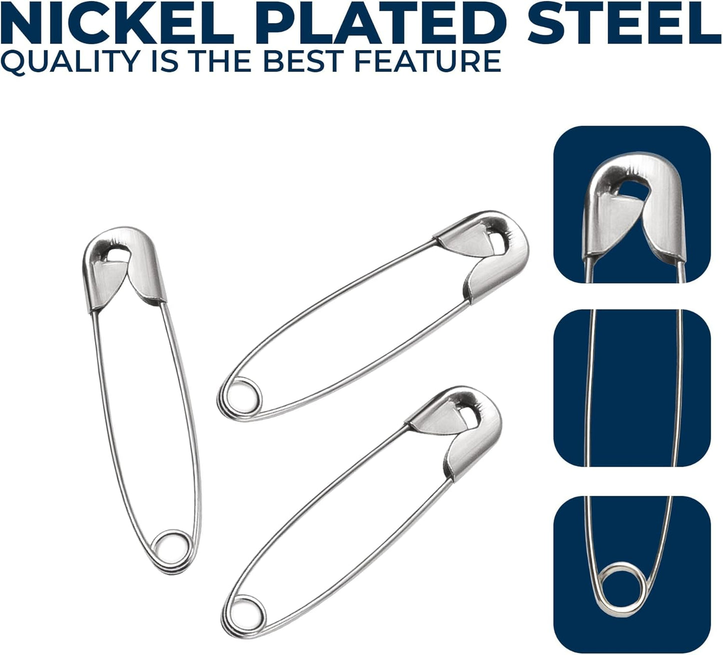 250 Pack Safety Pins by Luxurecourt, 4 Assorted Sizes of Durable, Silver Small and Large SafetyPins Bulk, Rust-Resistant Nickel Plated Steel, Sharp Edge Safety Pins for Clothes, Sewing, Arts & Craft