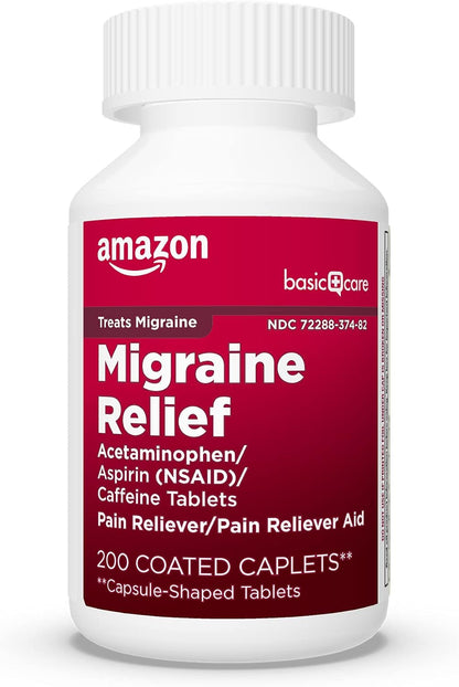 Amazon Basic Care Migraine Relief Acetaminophen, Aspirin (NSAID) and Caffeine Tablets, Pain Reliever/Pain Reliever Aid, 200 Count (Pack of 3)