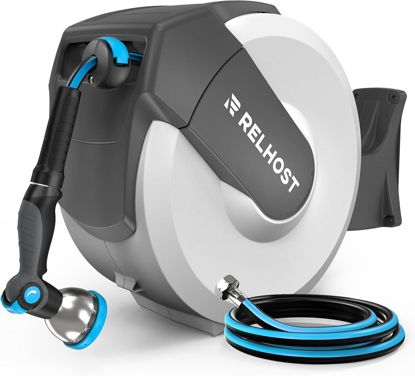 Relhost Retractable Garden Hose Reel, 1/2 in x 120 ft Wall Mount Heavy Duty Hose Reel with Any-Length Lock, Auto Rewind System, 180° Swivel Bracket, and 10-Pattern Nozzle for Garden, Dark Grey