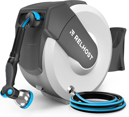 Relhost Retractable Garden Hose Reel, 1/2 in x 120 ft Wall Mount Heavy Duty Hose Reel with Any-Length Lock, Auto Rewind System, 180° Swivel Bracket, and 10-Pattern Nozzle for Garden, Dark Grey