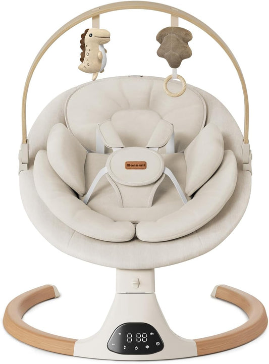 Baby Swings for Infants, Monamii Baby Swing, Bluetooth Infant Swing with Music Speaker, 5 Speeds and Remote Control, Electric Swing for Baby, Portable Baby Swing, Indoor & Outdoor Use (Light Beige)