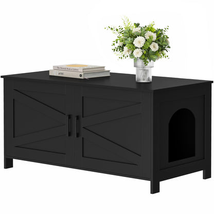 Homhedy Cat Litter Box Enclosure, Wooden Cat Washroom Furniture with Barn Door, Pet House, Fit Most of Litter Box, White