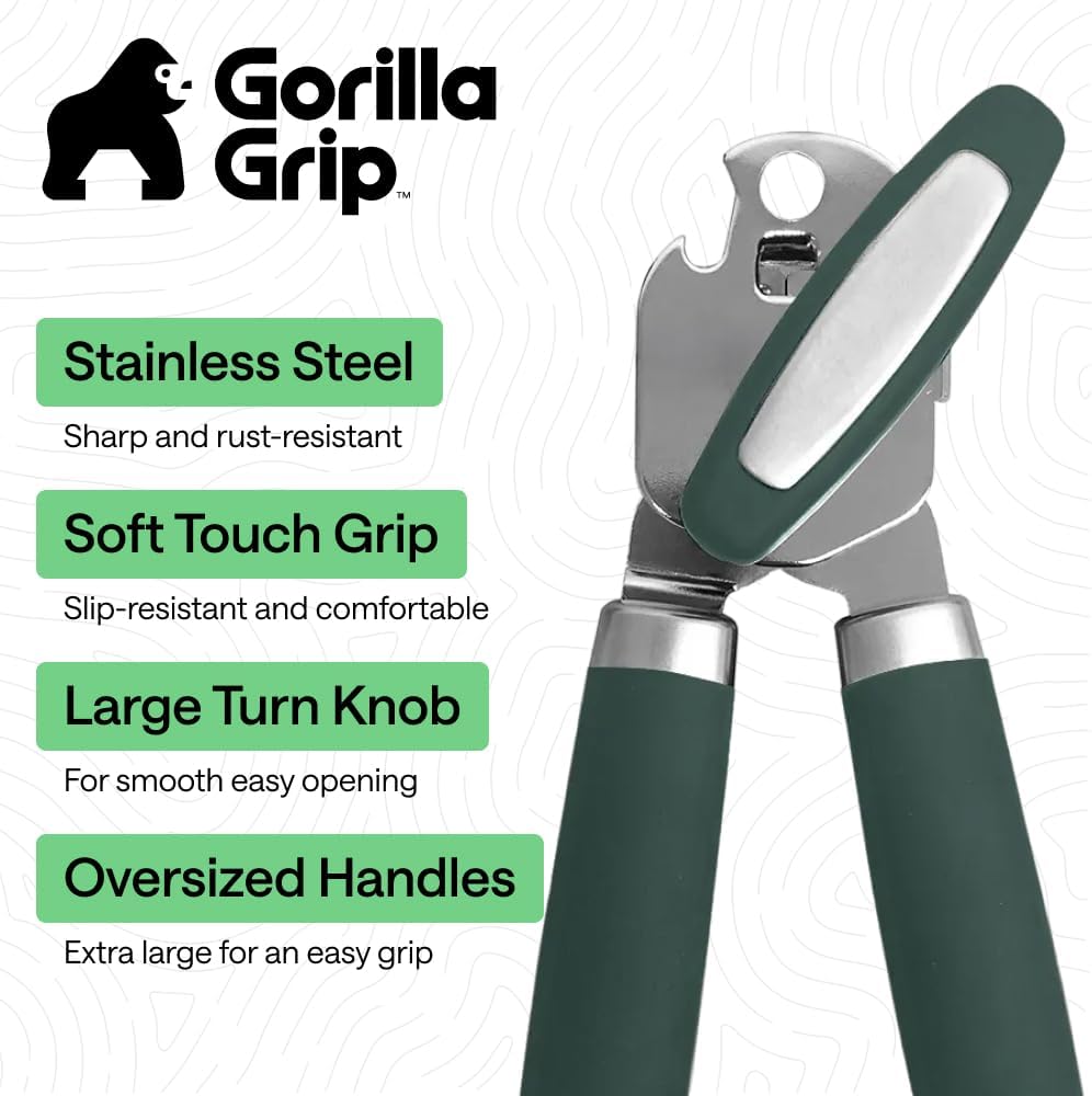 GORILLA GRIP Robuster manueller Dosenöffner, Flaschenöffner aus Edelstahl, öffnet Dosen mühelos, scharfe Klinge mit glattem Schnitt, leicht drehbarer Knopf für Senioren mit Arthritis, Küchenhelfer, Schwarz