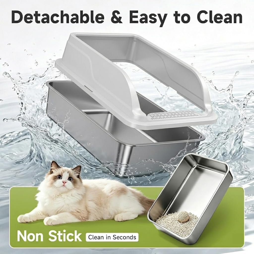 Stainless Steel Cat Litter Box, Odor Free Metal Litter Box with High Sides Lid, Open Top Low Entry Litter Pan Include Scoop Easy Cleaning Anti-Scratch Kitty Cat Box Anti-Urine Leakage, Non-Sticky