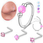 Opal Nose Ring Studs Horseshoe Nose Rings Hoops Stud 316L Stainless Steel Nose Rings Round CZ Square Screw L Shaped Nose Stud Hypoallergenic Nostril Piercing Jewelry for Women Men