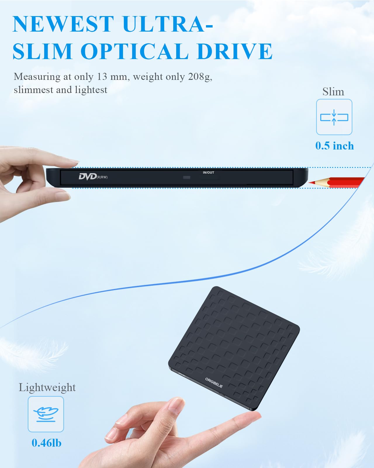 ORIGBELIE externes DVD-Laufwerk, CD-Laufwerk USB 3.0 Typ-C CD/DVD ROM +/-RW Adapter mit USB-Anschluss DVD-Brenner für Laptop, PC, Desktop-Computer, optisches Laufwerk CD-Player kompatibel mit Mac Windows Linux