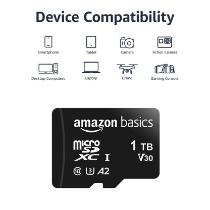 Amazon Basics microSDXC Speicherkarte mit Full-Size Adapter, A2, U3, Lesegeschwindigkeit bis zu 100 MB/s, 128 GB, Schwarz