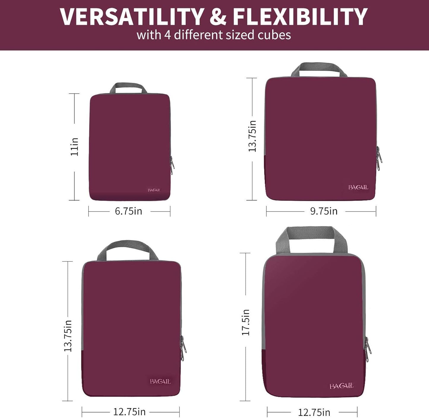 BAGAIL 4er-Set Kompressions-Packwürfel Reise-erweiterbare Packorganizer (Schwarz, 4er-Set)