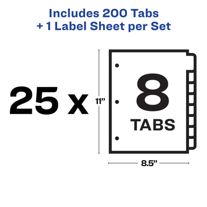 Avery 8 Tab Dividers for 3 Ring Binder, Easy Print & Apply Clear Label Strip, Index Maker Customizable Multicolor Tabs, 25 Sets (11424)