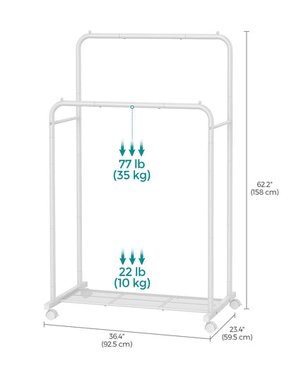 SONGMICS Clothes Rack with Wheels, Clothing Rack for Hanging Clothes, 25.4 mm Metal Garment Rack with Dense Mesh Storage Shelf, 110 lb Load Capacity, 2 Brakes, Black UHSR25BK