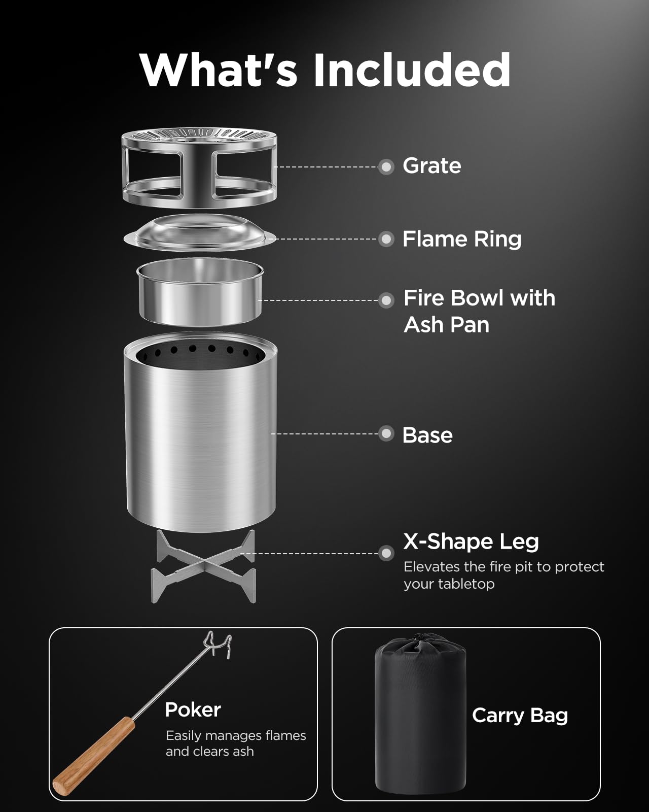 CIAYS Smokeless Firepit, 19 Inch Fire Pit for Camping with Patented Technology, Portable Fire Pit for Outside with Steel Grill Rack, Fire Poker, and Bag, Easy Setup and Storage, Wood Burning