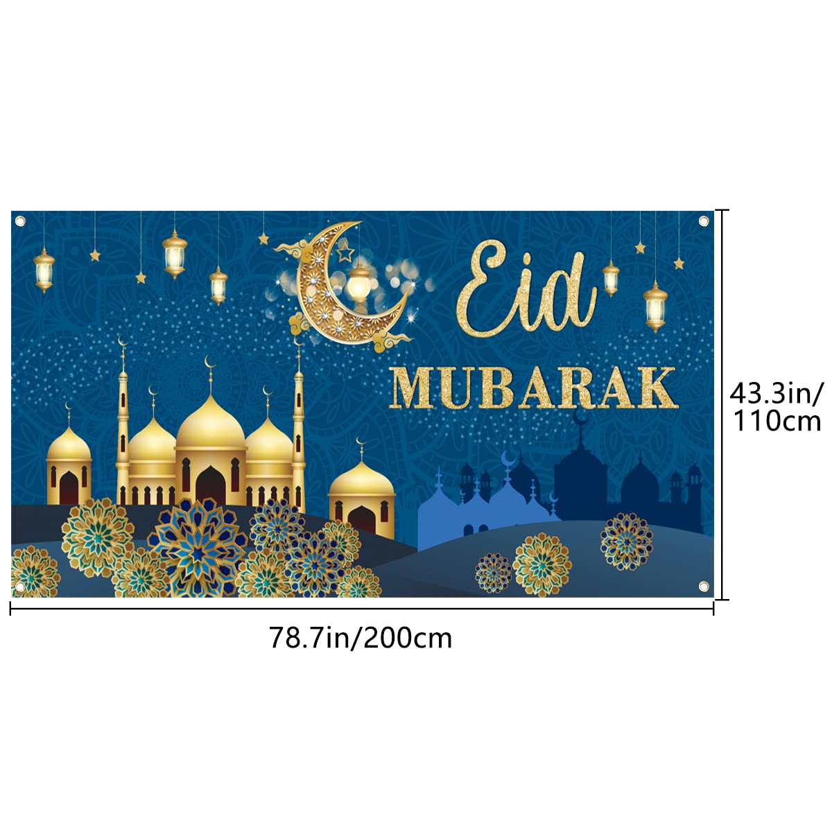 PARSUP Eid blauer Banner, geometrisches Muster, 78 x 43 Zoll, Wandmontage, muslimische Ramadan-Party-Zubehör