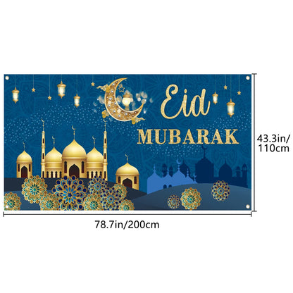 PARSUP Eid blauer Banner, geometrisches Muster, 78 x 43 Zoll, Wandmontage, muslimische Ramadan-Party-Zubehör