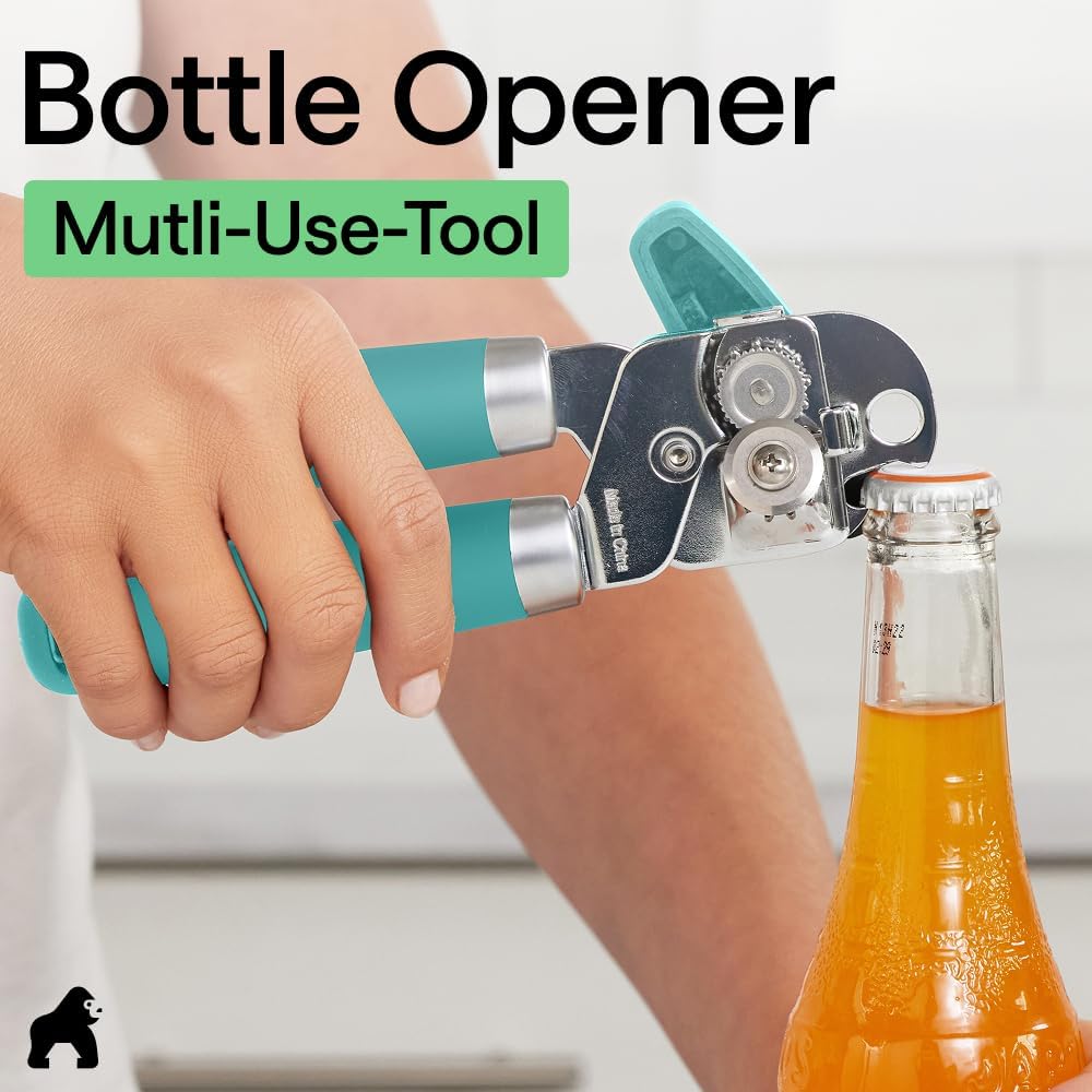 GORILLA GRIP Robuster manueller Dosenöffner, Flaschenöffner aus Edelstahl, öffnet Dosen mühelos, scharfe Klinge mit glattem Schnitt, leicht drehbarer Knopf für Senioren mit Arthritis, Küchenhelfer, Schwarz