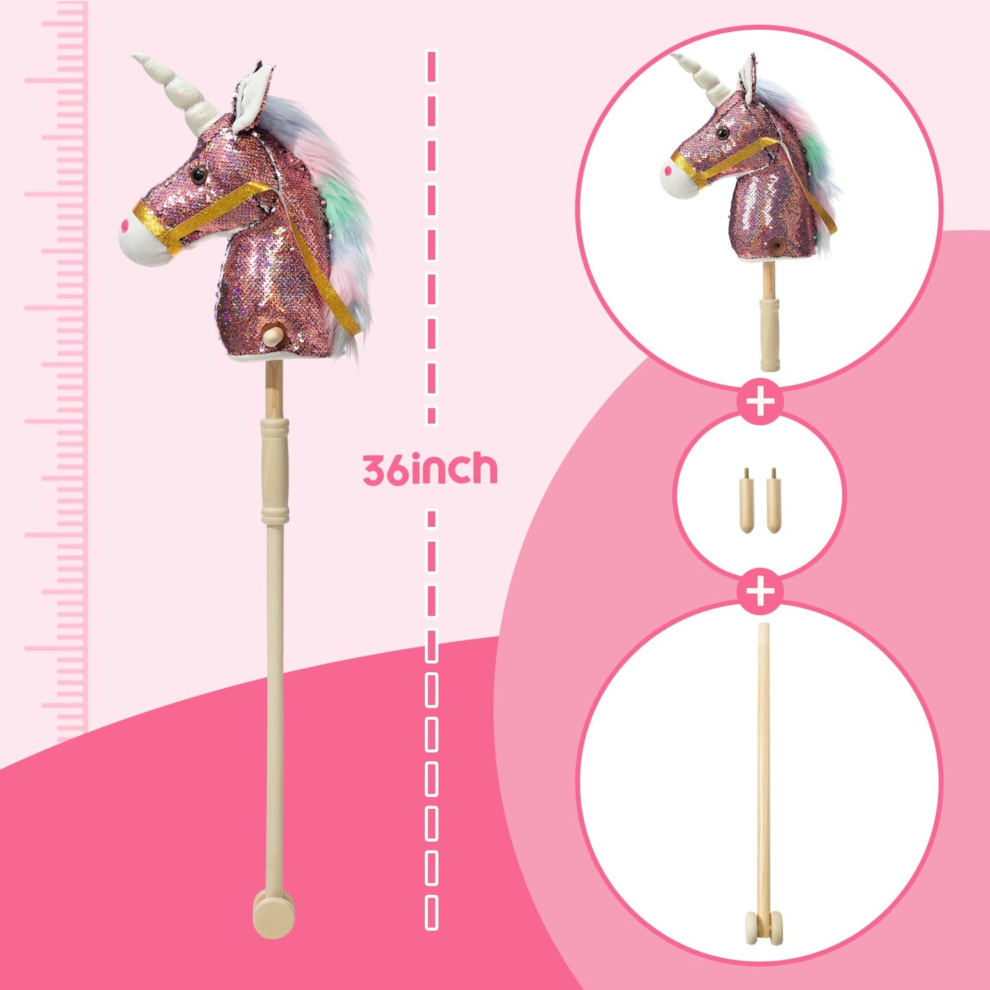 HollyHOME Plüsch Einhorn Steckenpferd mit Holzrädern Echten Pony Wiehern und Galoppieren Geräuschen Plüschtier Rosa 94 cm (AA Batterien Benötigt)