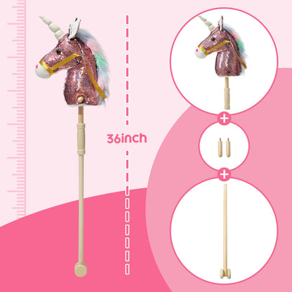 HollyHOME Plüsch Einhorn Steckenpferd mit Holzrädern Echten Pony Wiehern und Galoppieren Geräuschen Plüschtier Rosa 94 cm (AA Batterien Benötigt)