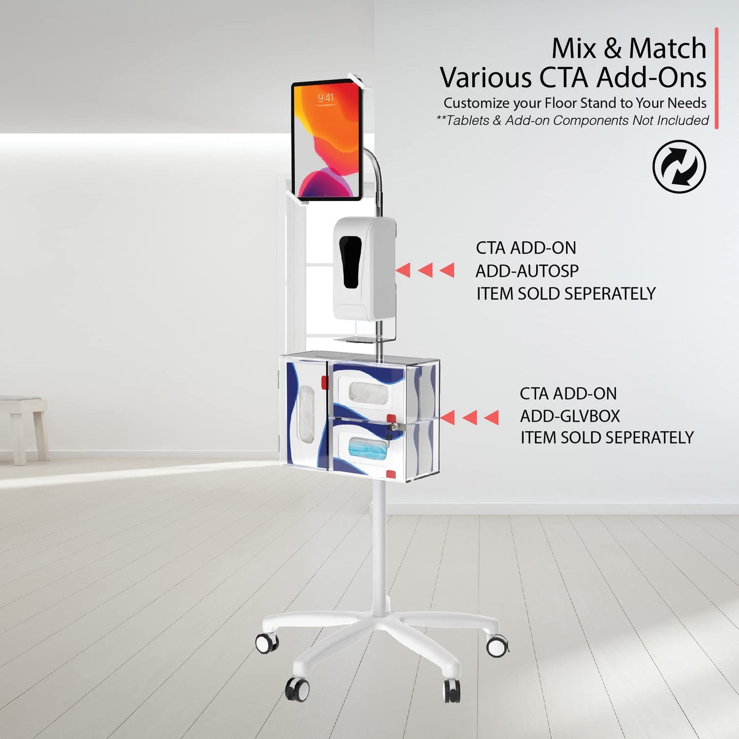Medical Mobile Stand – CTA Medical Mobile Floor Stand for iPad 7/8/9 Gen 10.2”, 12.9” iPad Pro, 11” iPad Pro, iPad mini, iPad Air 4, Surface Pro X, and Other 7-13" Tablet - White