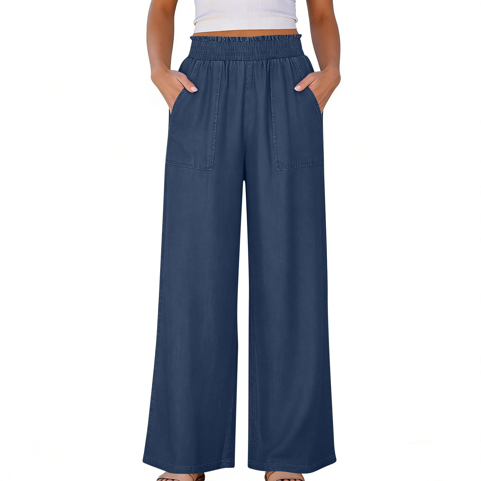 Comfy Jeans for Women Summer Elastic High Waisted Flowy Loose Travel Pants Trendy Palazzo Pants Wide Leg Trousers Dark Blue