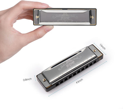 JDR Mundharmonika C, Blues-Mundharmonika in C, 10-Loch, 20 Töne mit Etui, Standard diatonisch für Anfänger, Erwachsene, Profis, Lehrer, Eltern, Schüler, Schwarz, Neujahrsgeschenk