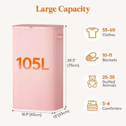 Lifewit 105L Large Laundry Basket with Lid, Laundry Hamper with Plastic Handles and Removable Bag, Foldable Tall Dirty Clothes Hampers for Laundry for Laundry Room, Bedroom, Bathroom, Dorm, Beige