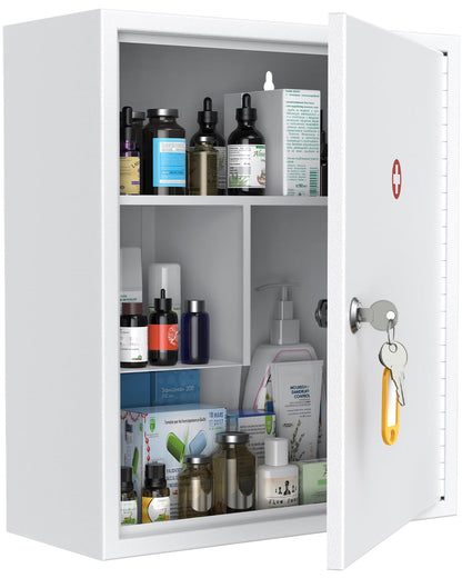 Uniclife Wall Mount Medicine Cabinet with Combination & Key Lock Locking First Aid Cabinet Lockable Medical Cabinet Large Capacity Medicine Organizer Secure Steel Wall Cabinet Metal Storage Box, White