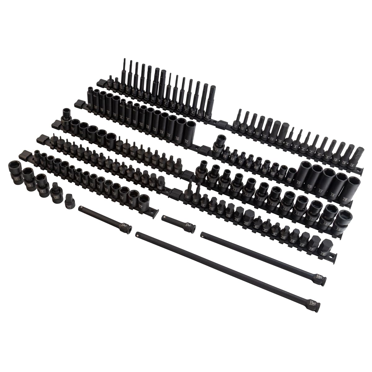 SUNEX Tools 80 Piece 3/8 in. Drive Master Impact Socket Set, Universal, Star, External Star, Extensions, Universal Joint, SAE and Metric, 8mm to 19mm and 5/16 in. to 3/4 in., CR-MO Steel, Model 3580