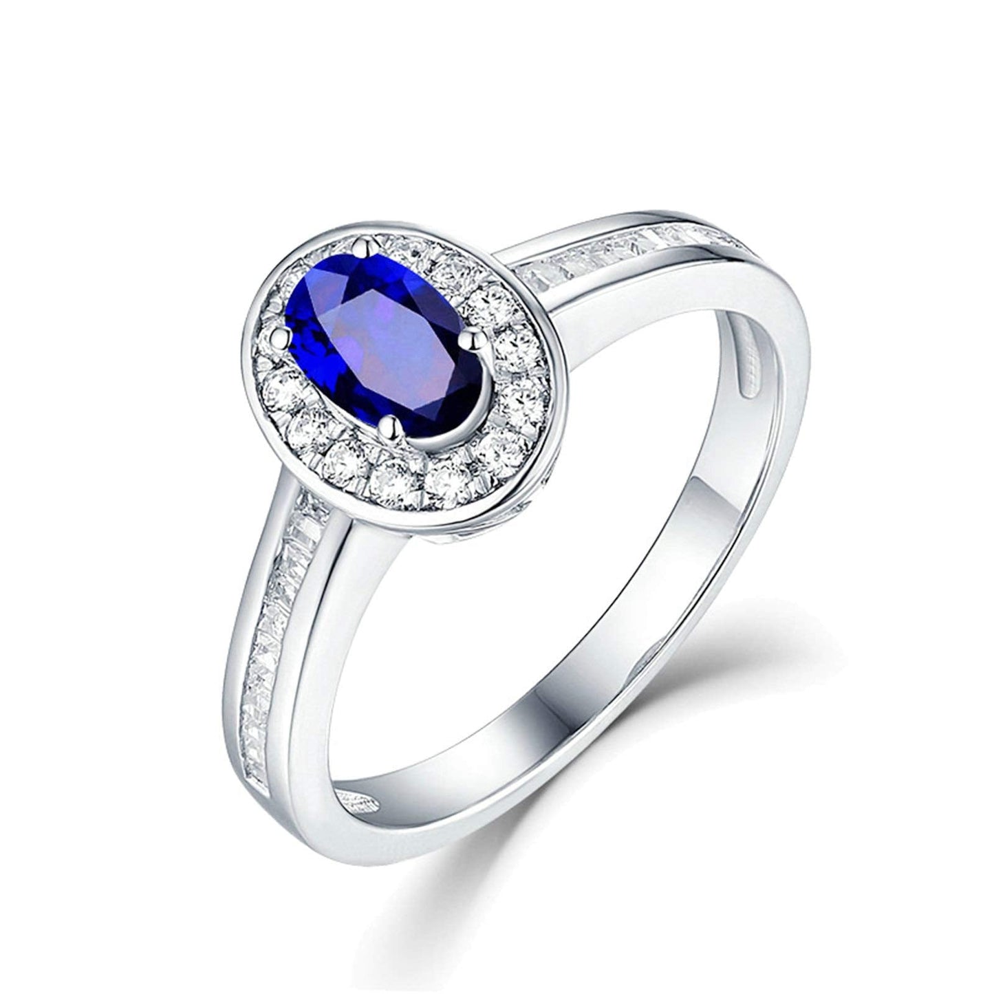 Aienid 18Ct White Gold Diamond Engagement Rings Women 0.55Ct Oval Cut Blue Sapphire with White Diamond Engagement Ring for Her