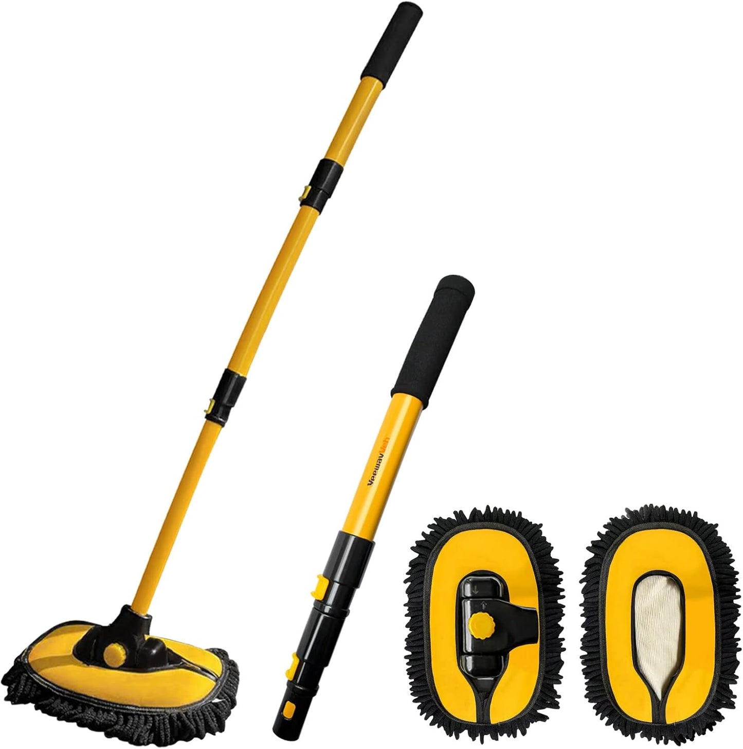 YeewayVeh Car Wash Brush with Long Handle, Car Wash Mop with 2 Replaceable Microfiber Head, Microfiber Cleaning Supplies with 15° Curved Extension Pole Washing Kit for RV Truck Camper, Yellow