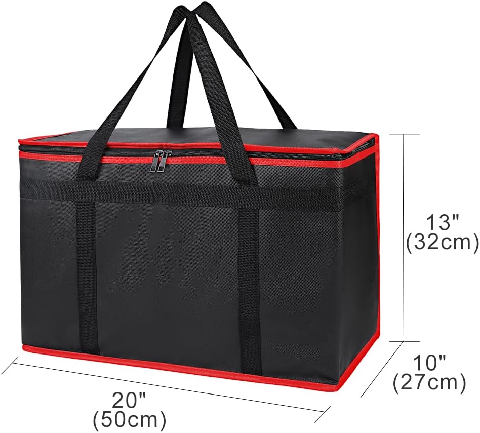 Bodaon Isolierte Essensliefertasche - Warm- & Kalthaltetransporttasche, Catering/Doordash Pizzawärmer, Einkaufstasche, Kühltasche für Partys (Schwarz-Rot, 1 St.), Ideal für den Transport warmer Speisen