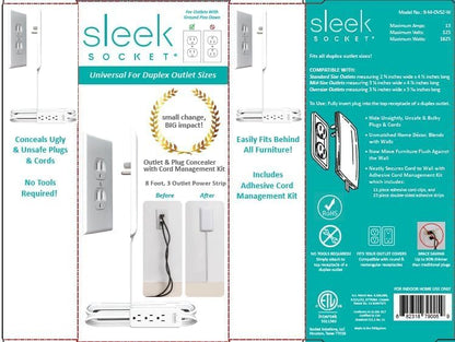 Sleek Socket Original & Patented Ultra-Thin Outlet Concealer with Cord Concealer Kit, 3-Foot Flat Extension Cord with 3 Outlets Power Strip, Safety Certified, Ideal for Kitchens and Behind Furniture