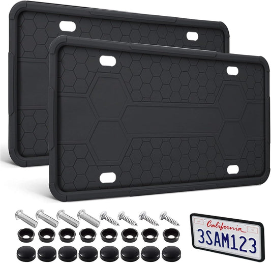License Plate Frame 2 Pack Black, Universal Silicone License Plate Holder for Cars, SUVs, Vans, Rustproof & Weatherproof, Anti-Scratch License Plate Protector, Easy Installation for Men & Women