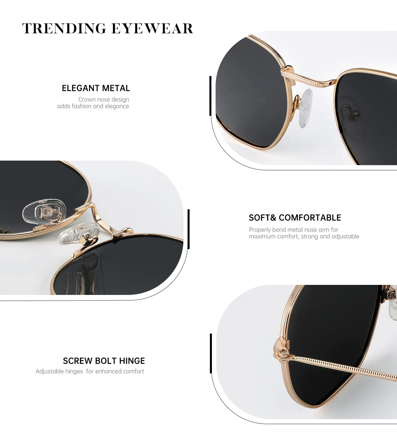 KALIYADI Sonnenbrillen für Damen und Herren Polarisiert Hexagon Damensonnenbrillen Trendy Metallrahmen UV-Schutz (Gold Rahmen Grau Linse)