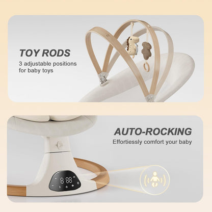 Babyschaukel für Säuglinge, Monamii Babyschaukel, Bluetooth-Babyschaukel mit Musiklautsprecher, 5 Geschwindigkeiten und Fernbedienung, elektrische Babyschaukel, tragbare Babyschaukel, für drinnen und draußen (Hellbeige)