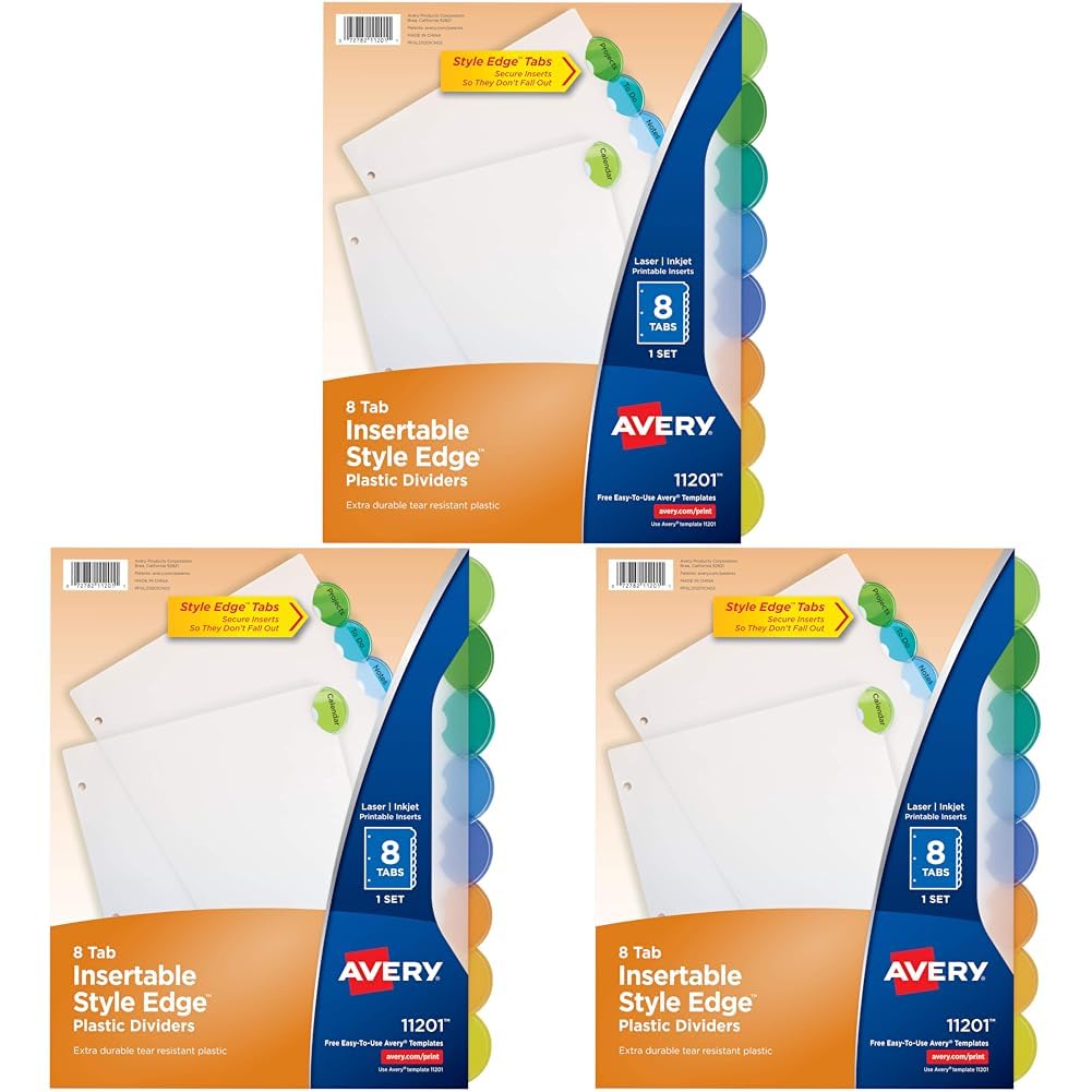 Avery Insertable Style Edge Plastic Dividers for 3 Ring Binders, 5-Tab Sets, Multicolor, 24 Sets, 120 Divider Tabs (11200)
