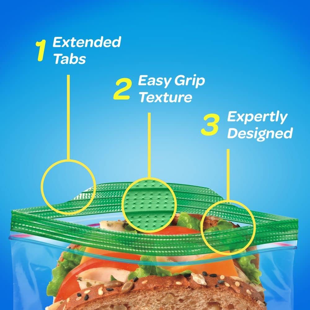 Bolsas Ziploc para sándwiches para frescura en movimiento, tecnología Grip 'n Seal para un agarre, apertura y cierre más fáciles, 90 unidades